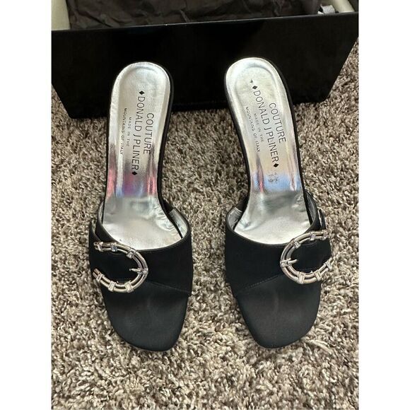 Couture Donald J Pliner Black Netie Heels Size 7,5 Black Satin Mule Silver Rhine